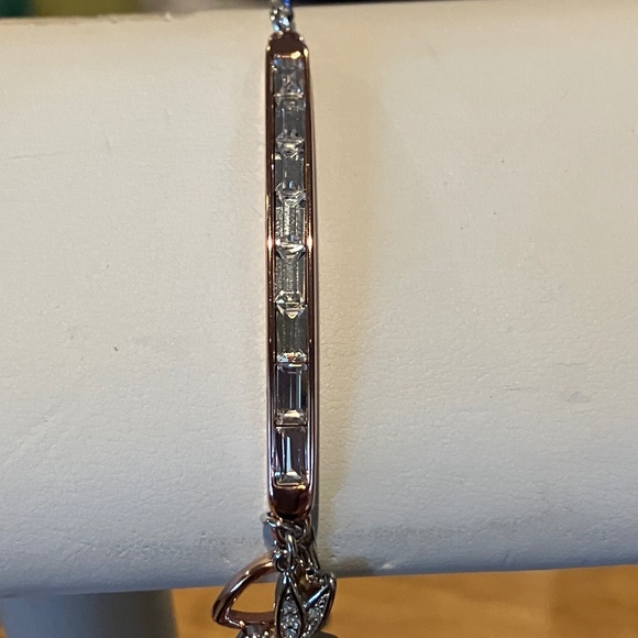 Rhinestone Bar Bracelet Hummingbird & Heart Charm Rose Gold Silver Tone - Picture 6 of 11